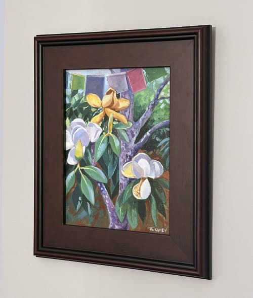 Magnolias With Flags | Oil And Acrylic Painting in Paintings by Catherine Twomey. Item made of wood with canvas works with contemporary & country & farmhouse style