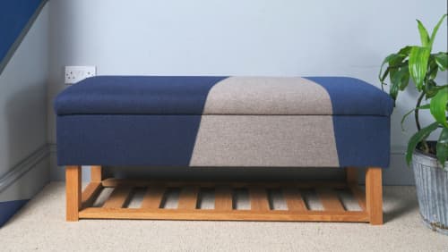 Seagram upholstered storage bench with oak shoe shelf | Ottoman in Benches & Ottomans by Sadie Dorchester. Item composed of oak wood and fabric