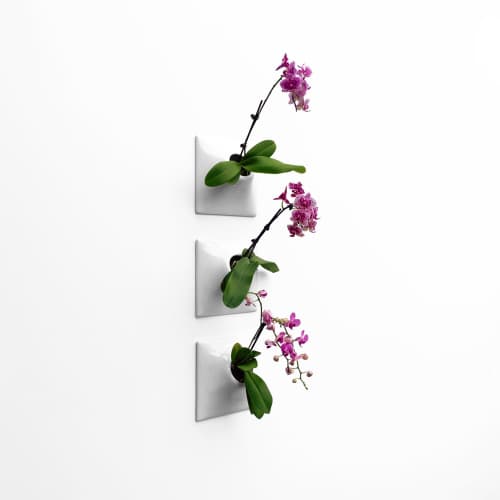 Node M Wall Planter, 9" Modern Plant Wall Set, Gray | Sculptures by Pandemic Design Studio. Item composed of stoneware in minimalism or mid century modern style