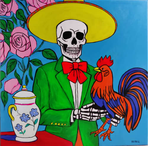 El Catrín con Gallo | Paintings by Berezart. Item made of canvas compatible with contemporary and eclectic & maximalism style