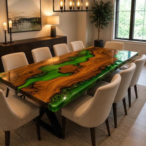 Green Epoxy Dining Table, Resin River Epoxy Table | Tables by Innovative Home Decors. Item composed of wood compatible with country & farmhouse and art deco style
