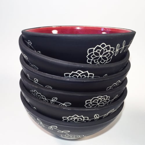 Black & Burgundy Cereal Bowl With Hand Carved Design | Dinnerware by Tina Fossella Pottery. Item composed of ceramic