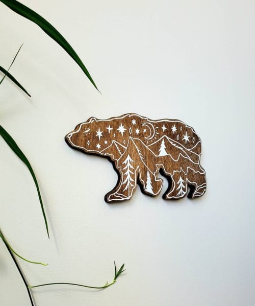 Grizzly bear wood wall art, Hand painted nursery decor | Wall Sculpture in Wall Hangings by Studio Wildflower. Item made of walnut works with boho & art deco style