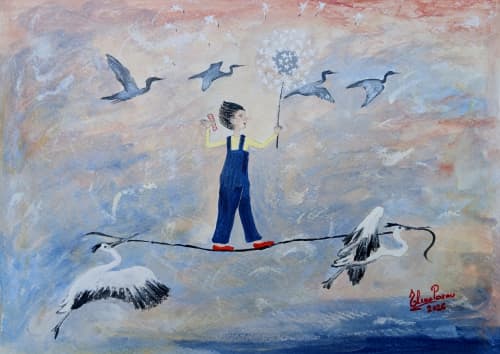 Migración | Oil And Acrylic Painting in Paintings by Elena Parau. Item made of paper works with contemporary & country & farmhouse style