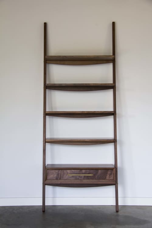 Mid Century Modern Walnut Ladder Shelf with Drawer | Shelving in Storage by LIRIO Design House+. Item made of oak wood works with minimalism & mid century modern style