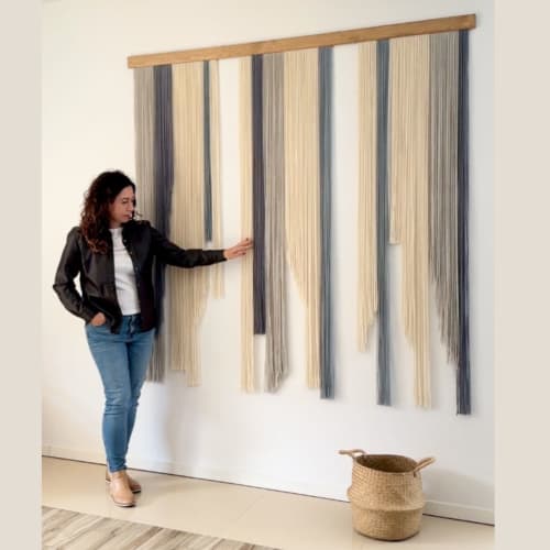Large Layered Grey Shades Fiber Art Wall Hanging | Tapestry in Wall Hangings by Olivia Fiber Art. Item composed of wood & wool compatible with minimalism and contemporary style