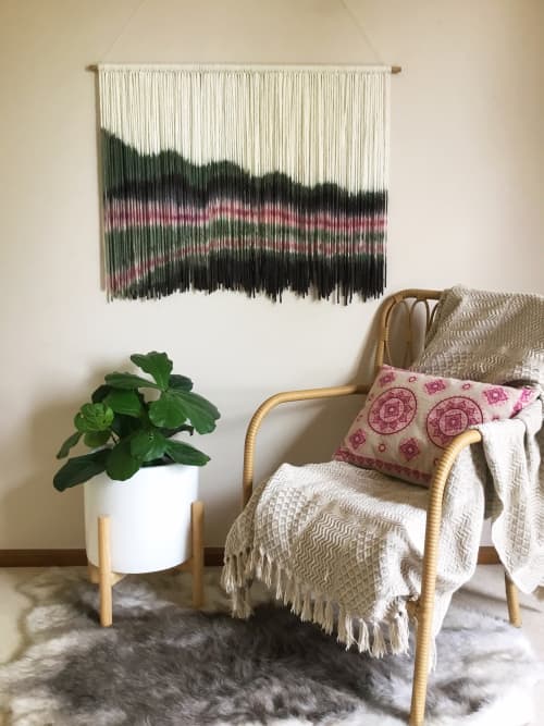 RIPPLES Green Pink Black Dip Dyed Textile Wall Hanging | Macrame Wall Hanging in Wall Hangings by Wallflowers Hanging Art. Item made of oak wood with wool works with boho & mid century modern style