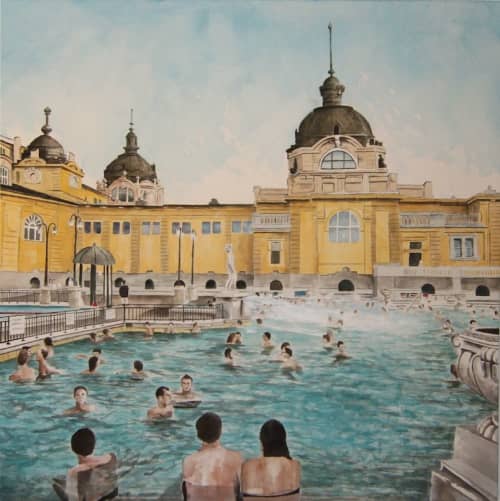 Thermal Baths, Budapest, 2015, acrylic on canvas 50 x 50 inches | Oil And Acrylic Painting in Paintings by Arran Harvey | San Francisco in San Francisco. Item composed of canvas and synthetic