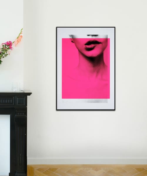 Biting Lip in Neon Pink | Prints by Ronald Hunter. Item composed of paper in minimalism style