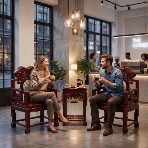 Royal Crimson Flamewood Lingzhi Ming Taishi Armchair 3-Pc Se | Chairs by Dynasty Artisan. Item made of wood works with contemporary & eclectic & maximalism style