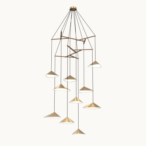 Emily V10 Pendant Light – Gold Semi-Matte | Chandeliers by MOSS Objects. Item made of oak wood with steel works with contemporary & modern style