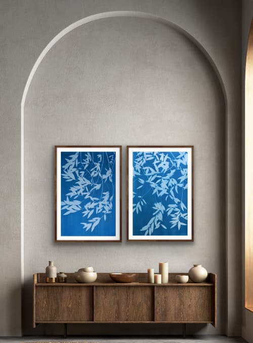 Night Laurel Diptych: Two 40x26" cyanotypes/ 40x52" total | Photography by Christine So. Item made of paper works with boho & japandi style