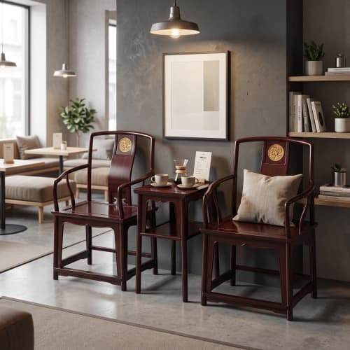 Imperial Midnight Black-Gold Ming Dynasty Scholar Chair Trio | Armchair in Chairs by Dynasty Artisan. Item composed of wood compatible with contemporary and eclectic & maximalism style