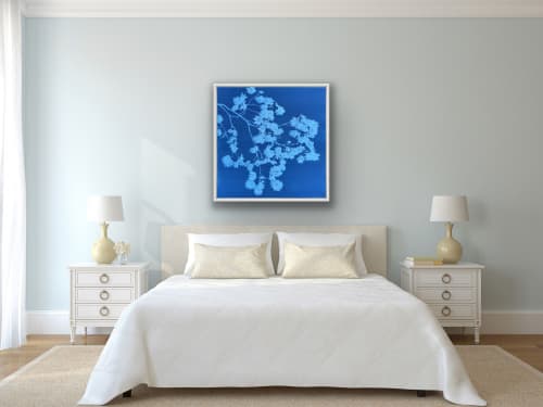Dancing Peacock Japanese Maple II (FRAMED 36 x 36 cyanotype) | Photography by Christine So. Item composed of wood and paper in boho or japandi style
