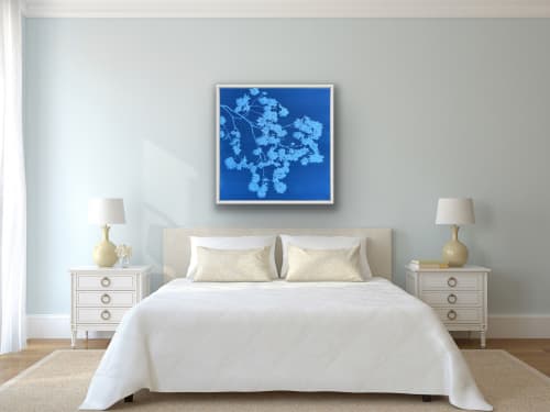 Dancing Peacock Japanese Maple 2 (unframed 35x35" cyanotype) | Photography by Christine So. Item composed of wood and paper in boho or japandi style
