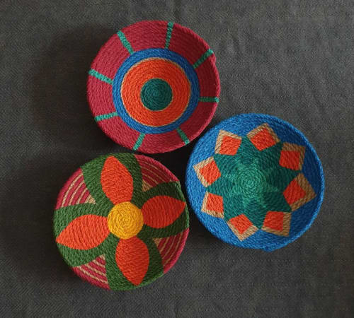3 Pieces of Orange Round Bowl Wall Plates | Ornament in Decorative Objects by Sarmal Design. Item composed of cotton and synthetic in boho or japandi style