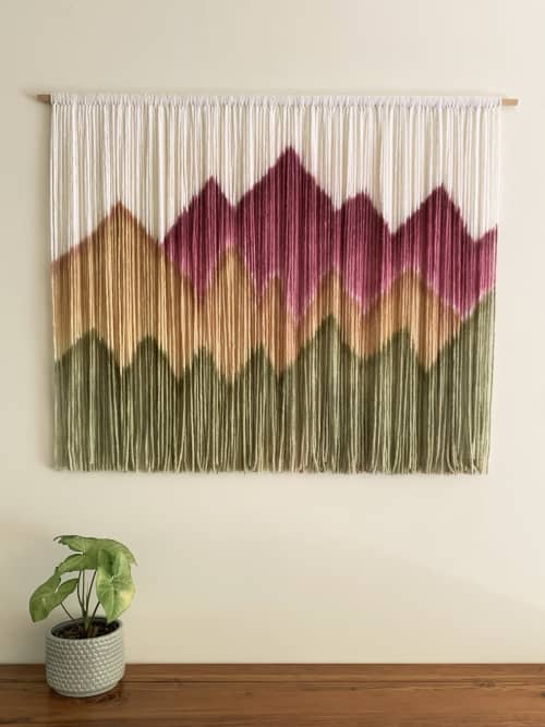 SIERRA PINK Dyed Wall Tapestry Mountain Landscape | Macrame Wall Hanging in Wall Hangings by Wallflowers Hanging Art. Item composed of oak wood & fiber compatible with boho and country & farmhouse style
