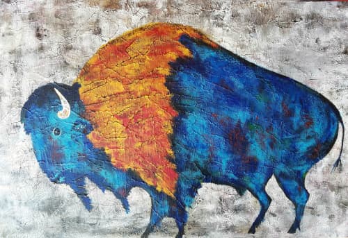 Colorful Bison | Oil And Acrylic Painting in Paintings by Liz Johnston. Item made of canvas with synthetic