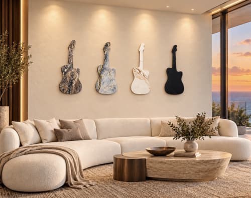 Handcrafted Porcelain Guitar Wall Art - made to Order | Decorative Frame in Decorative Objects by Wasel Collection By Obsidian. Item made of wood with stone works with contemporary & modern style
