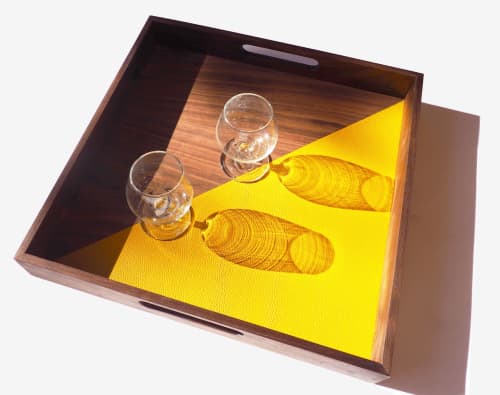 " After Hours" Tray in walnut wood and leather | Serving Tray in Serveware by Atelier C.U.B. Item composed of walnut and leather in contemporary style