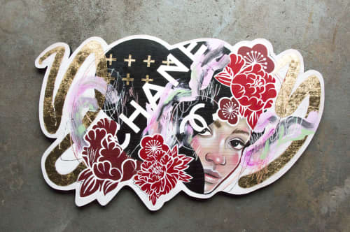 Japanese Chanel Fashion Artwork on Wood Panel | Mixed Media by JUURI. Item composed of canvas and synthetic