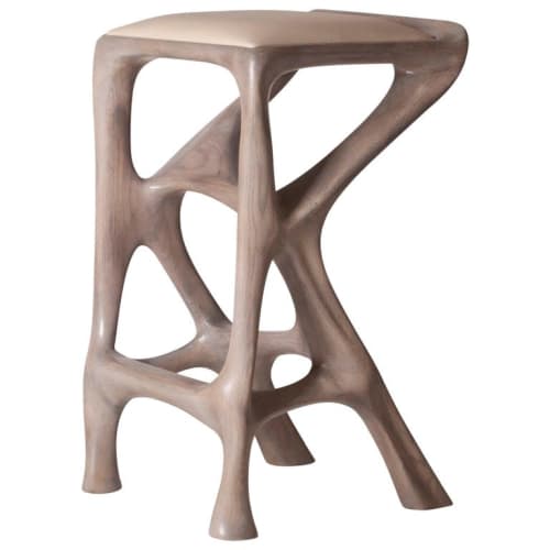 Amorph Chimera Bar Stool, Stained Gray Oak, Counter Height | Chairs by Amorph. Item composed of walnut & leather