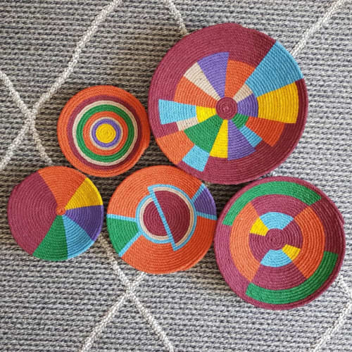African Colourful Wall Plate set of 5 | Decorative Plate in Decorative Objects by Sarmal Design. Item composed of bamboo and cotton in boho or mid century modern style