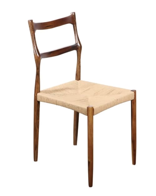 Carved Wood Dining Chair with Woven Rush Seat by Costantini | Chairs by Costantini Design. Item composed of oak wood
