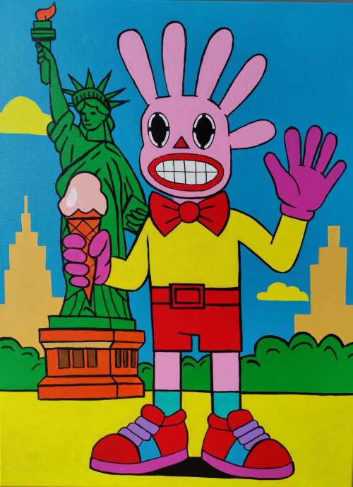 Mr. Fivebunny in Simulacrland: New York | Oil And Acrylic Painting in Paintings by Berezart. Item composed of canvas in contemporary or urban style