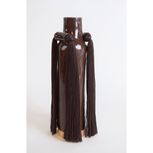 Handmade Ceramic Vase #703 in Brown with Cotton Fringe | Vases & Vessels by Karen Gayle Tinney. Item composed of stoneware in minimalism or contemporary style