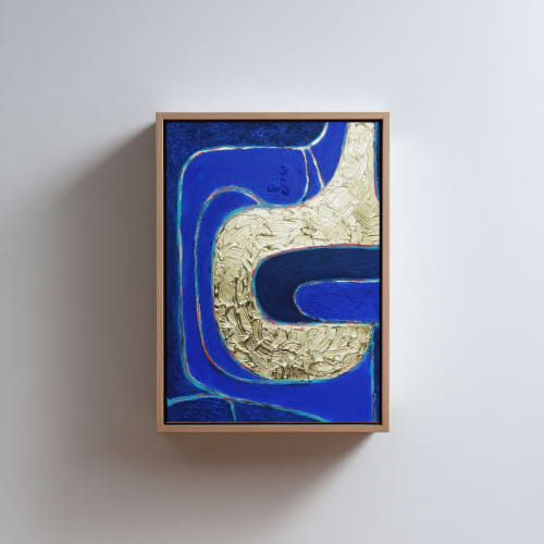 Gold and Blue Geometric Wall Art | Oil And Acrylic Painting in Paintings by Serge Bereziak. Item composed of canvas in boho or mid century modern style