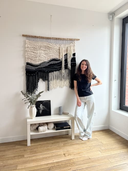 Wall Hanging "Echo in Black & White" | Macrame Wall Hanging in Wall Hangings by Tissage Sauvage. Item composed of wood and cotton in boho or japandi style