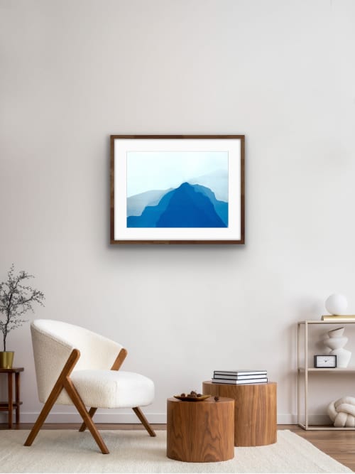 Sunrise Mountains IV: 18 x 23" abstract cyanotype/ monotype | Photography by Christine So. Item composed of cotton & paper compatible with boho and minimalism style