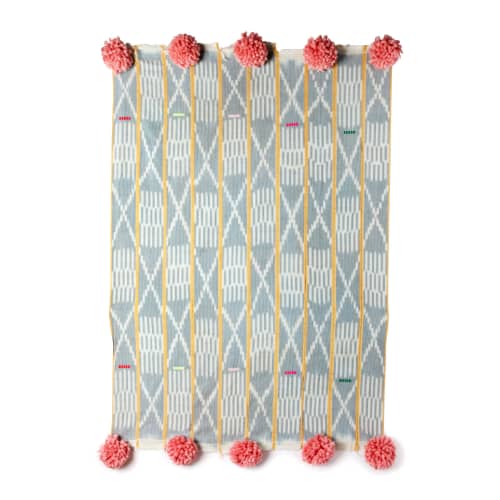 baoule pom pom throw cream micro stripe/peony poms | Blanket in Linens & Bedding by Charlie Sprout. Item made of fabric