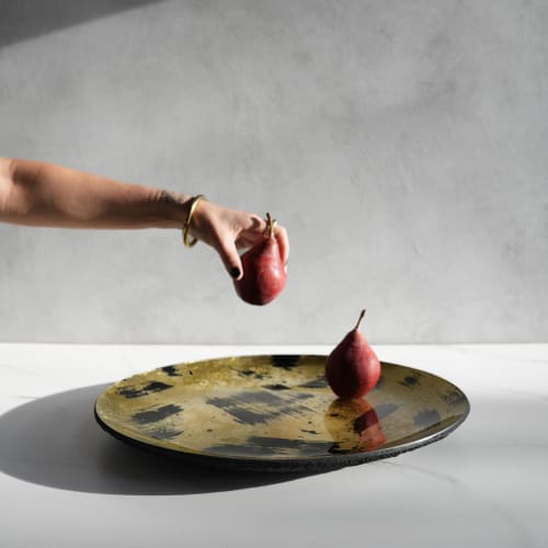 The Brush Series #005: Extra Large Platter Black & Gold | Decorative Plate in Decorative Objects by Carolyn Powers Designs. Item made of concrete with glass works with minimalism & contemporary style