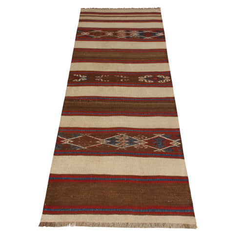 Vintage Mid-Century Fatiye Beige Brown Wool Kilim Rug | Area Rug in Rugs by Rug and Kilim