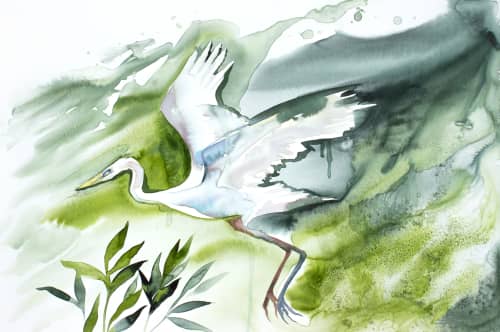 Egret in Flight : Original Watercolor Painting on Canvas | Paintings by Elizabeth Becker. Item made of canvas works with minimalism & contemporary style