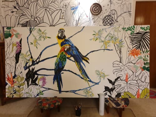 Tropical Themed Canvas 8ft x 4fr | Oil And Acrylic Painting in Paintings by Yamini Reddy. Item composed of canvas & synthetic