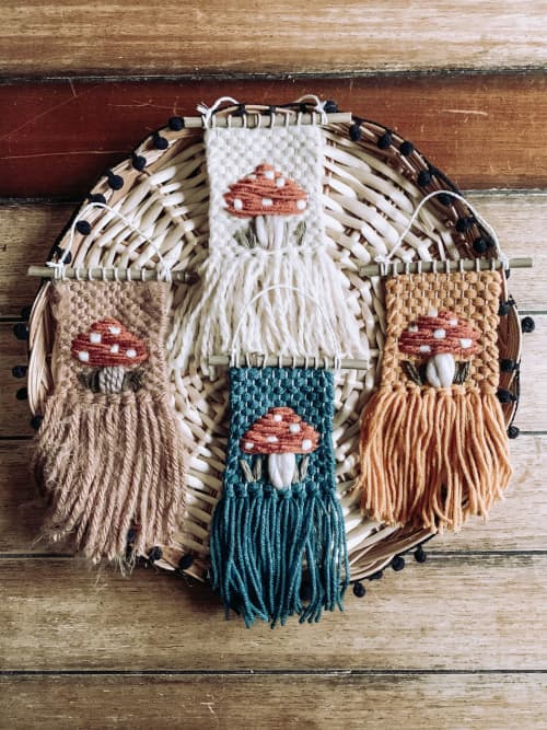 Mini Woven Wall Hanging Decor - Mushroom Embroidery | Macrame Wall Hanging in Wall Hangings by Hippie & Fringe. Item made of fiber works with boho style