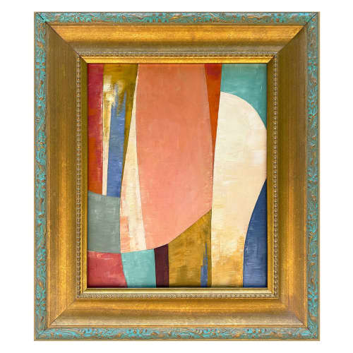 Contemporary Colorful Abstract Oil Painting in Vintage Frame | Oil And Acrylic Painting in Paintings by Suzanne Nicoll Studio. Item composed of wood compatible with minimalism and mid century modern style