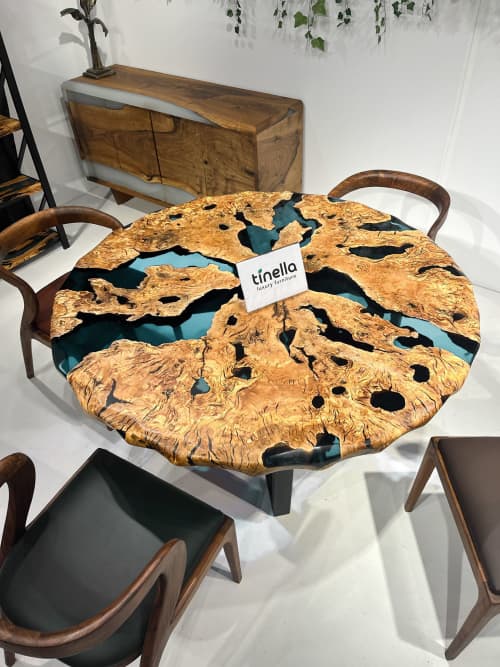 Round Custom Wood Table - Olive Epoxy Dining Room Table | Dining Table in Tables by Tinella Collection. Item made of wood with metal works with minimalism & contemporary style