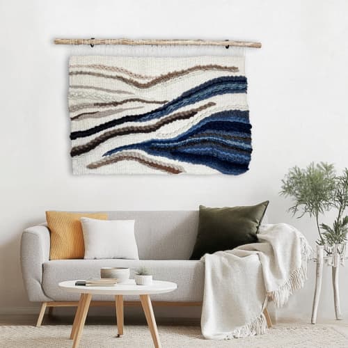 Fiber Wall Tapestry for Coastal Home 'Organic Lines' | Wall Hangings by Tissage Sauvage. Item made of wood & cotton compatible with country & farmhouse and coastal style