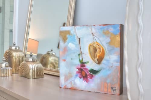 Lemon Dance, Oil on Cradled Panel | Mixed Media by Andie Paradis Freeman | Hagood Homes at St. James Plantation in Southport. Item made of wood with synthetic