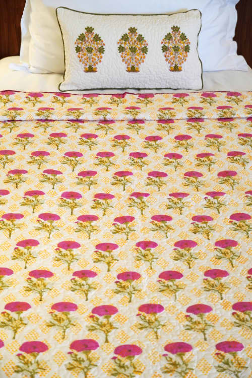 Marigold Print-on-Print Quilt | Linens & Bedding by Jaipur Bloc House. Item made of cotton