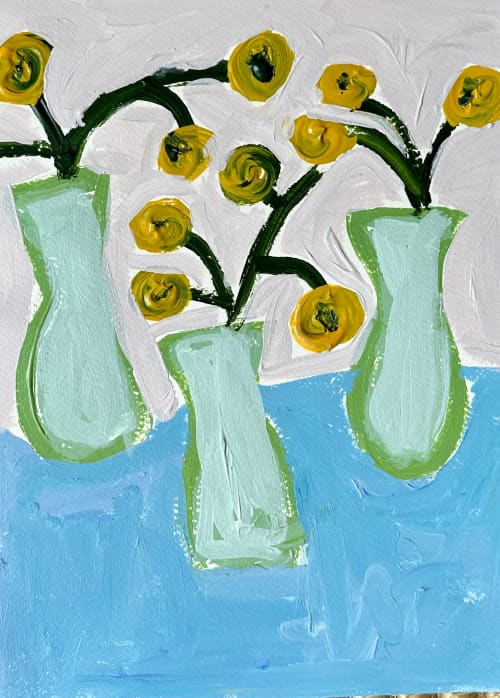 Sunflowers in Green Vases | Oil And Acrylic Painting in Paintings by Erin Donahue Tice Fine Art. Item composed of paper and synthetic