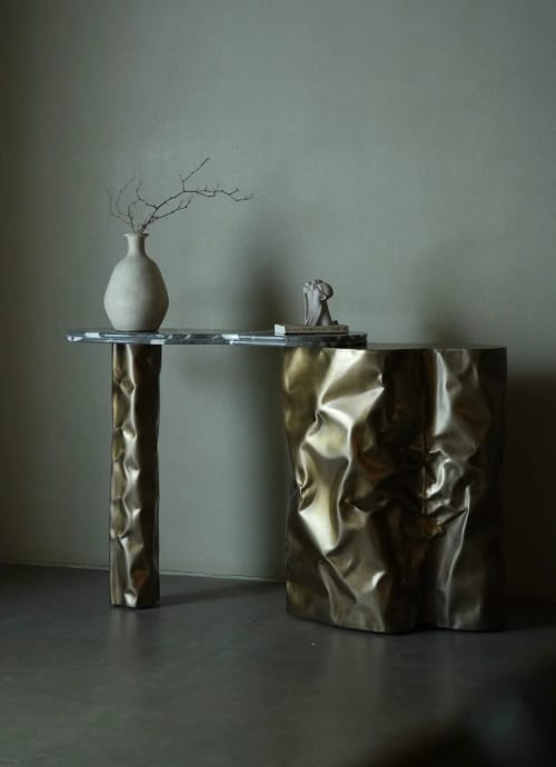Suspended Marble Steel Console — Colgado, Nitush Aroosh | Console Table in Tables by Nitush Aroosh. Item composed of steel and marble in contemporary or eclectic & maximalism style