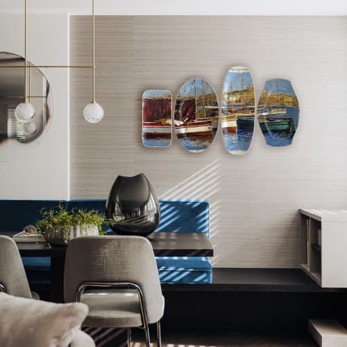"Le Port De Marseille" Unique Painted Plates Installation | Wall Sculpture in Wall Hangings by Studio DeSimoneWayland. Item composed of canvas and ceramic in boho or contemporary style