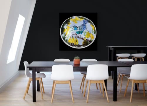 Convex Tui and Kowhai Flowers #2 | Mirror in Decorative Objects by Frederick Worrell Art and Design. Item made of glass