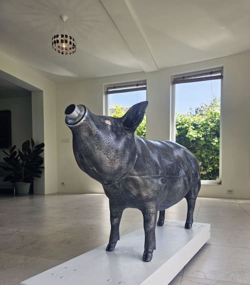 "Greedy pig" fully functioning metal freestanding safevault | Sculptures by JAN PAUL. Item composed of steel in contemporary or eclectic & maximalism style