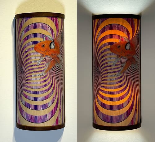 headphone fish in purples | Sconces by Mad King Productions. Item composed of maple wood compatible with contemporary and art deco style